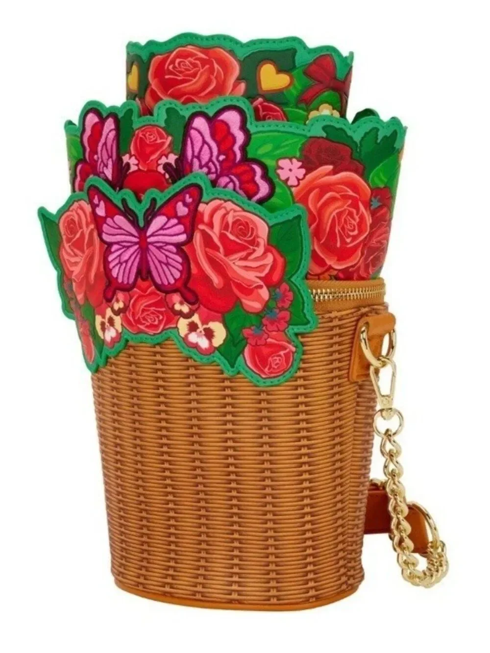 Loungefly Floral Butterfly Woven Straw Crossbody Bag, Zip, Detachable Strap